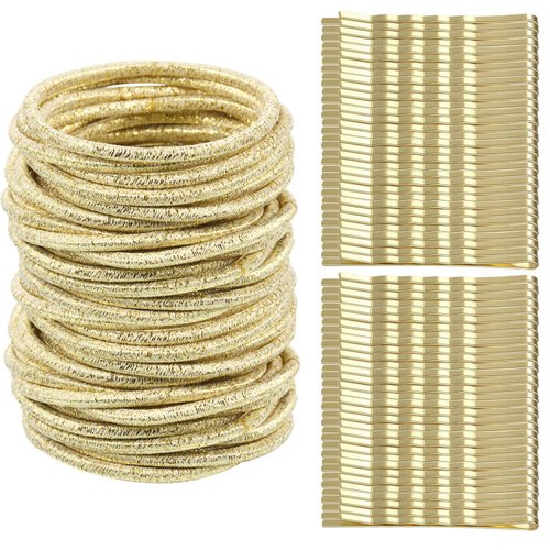 TecUnite 50 3mm Gold Hair Elastic Ties No-metal Small Rubber Bands Thin Hair Ties Ropes Ponytail Holders with 50 Hair Bobby Pins, Hair Accessories for Women (Gold)