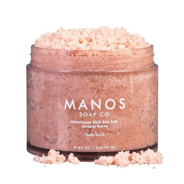 Himalayan Pink Sea Salt Body Scrub for Men Women Exfoliation Juniper Berry – Exfoliating Pink Sea Salt for Face Scrub, Body Scrub, Foot Scrub by Manos Soap Co. – 8 oz