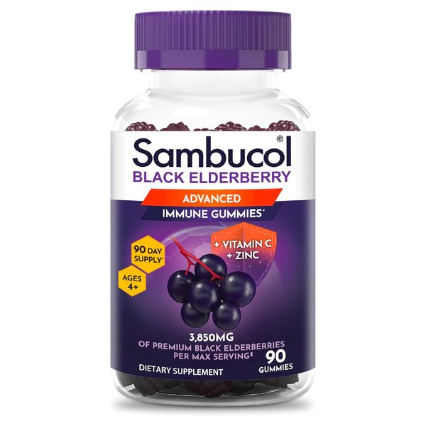 Sambucol Elderberry Gummies for Adults with Vitamin C; Zinc; Sambucus Elderberry Gummies for Immune Support with High Antioxidants; Gluten Free; Vegan; 1 Gummy Per Serving; 90 Count (90 Day Supply)