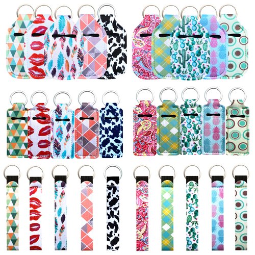 PUEZOKLY 40pcs Travel Bottles Keychain Set with Wristlet Chapstick Holders keychain Hand Sanitizer Holder Key chain with Empty Bottles