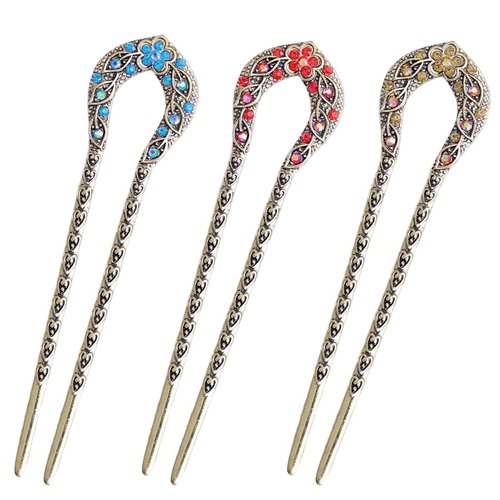 3PCS Vintage French Hair Pins Metal U Shaped Hairpins Prong Hair Forks Stick with Rhinestone for French Long Hair Hairstyle Accessories