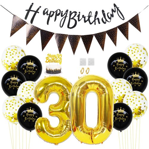 Daimay 30th Birthday Party Decorations Gold Black Happy Birthday Latex Confetti Balloons Triangle Flag Banner Number 30 Foil Balloon Cake Topper for Men Women Anniversary Birthday Party Supplies