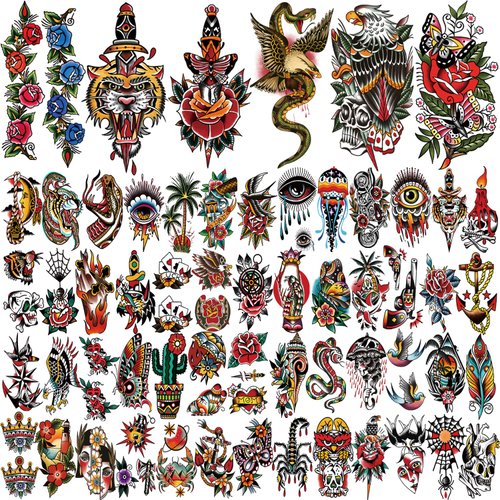 77 sheets Classic Temporary Tattoos Adult, Old School Tattoos Stickers, Sailor Jerry Style Fake Tattoo, American Traditional Flower Rose Arm Temporary Tattoos for Women Men Kids