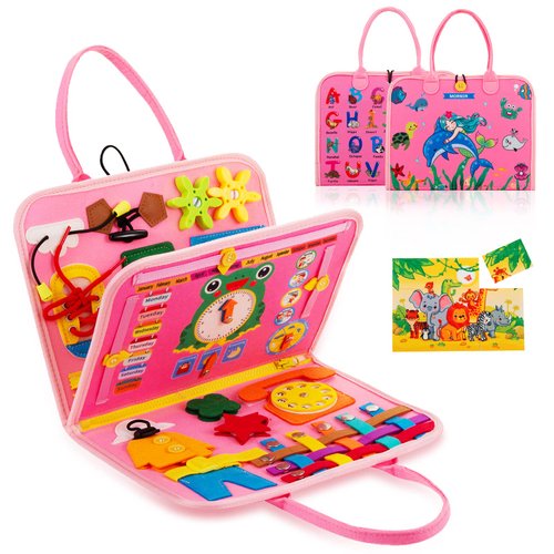 MORNOR Busy Board for Toddlers 1 2 3 4 Year Old, Sensory Activity Board for Learning Toys, Travel Toys for Toddlers 1-3, Montessori Toys for Fine Motor Skills, Gift for Boys Girls (Pink)