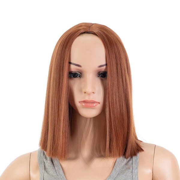 SWACC 12 Inch Short Length Straight Middle Part Hair Wig Synthetic Heat Resistant Wigs for Women with Wig Cap (Dark Copper Red)