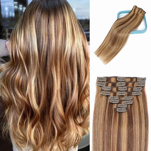 LORIEN Clip in Hair Extensions Real Human Hair, 18 Inch 100g, 4/27 Chocolate Brown to Caramel Blonde, Clip in 100% Brazilian Remy Human Hair Extensions 8pcs Per Set with 18 Clips Double Weft
