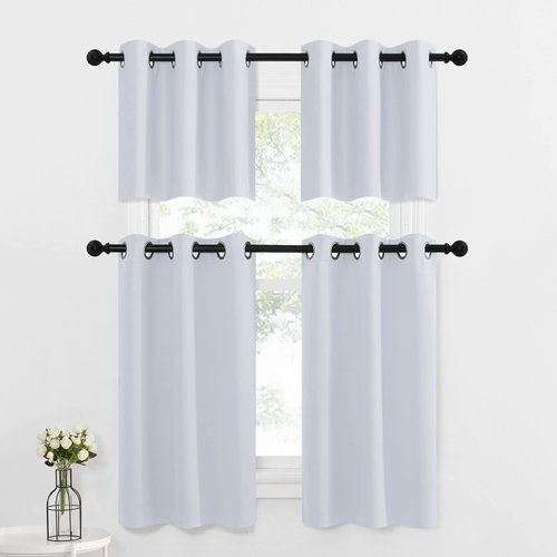 NICETOWN Greyish White Tiers Room Darkening Valances - Energy Efficient Kitchen Grommet-Top Kitchen Curtain Panels for Short Windows (2-Pack, W42 x L18 inches, Platinum-Greyish White)