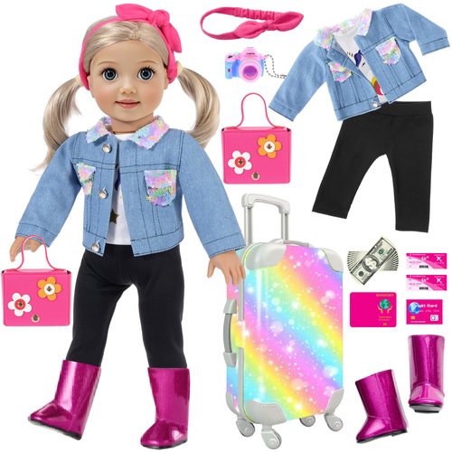 18 inch Girl Doll Clothes and Accessories Case Luggage Travel Play Set Include Colorful Suitcase,...