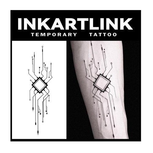 INKARTLINK Tattoo Tech, 2 Sheets Medium Semi Permanent Tattoo, Adult Art Design Temporary Tattoos, Lasts 1-2 Weeks, Waterproof, Realistic Look, No Adhesive, No Reflection (Interlligence)