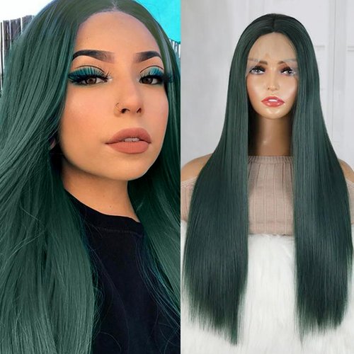 Looxey 13x6 Lace Front Wigs Synthetic 24 Inch Long Straight Wigs Pre Plucked Green Lace Frontal Wigs Glueless Wigs for Women Girls Daily Wear