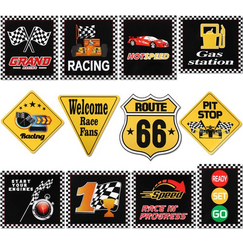 12 Pieces Race Car Party Decorations Funny Race Car Signs Racing Party Signs Cutouts Let's Go Racing Party Supplies for Race Fans Birthday Party