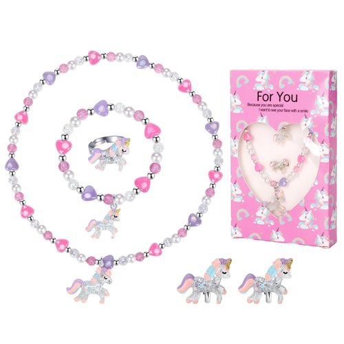 Girls Play Necklace and Bracelets Ring Clip on Earrings Toddler Unicorn Jewelry Kids Little Girls Unicorn Necklace Set Charm Bling Bling Unicorn Pendants Party Favors Toddlers Colorful Dress up Jewelry Gifts-AA002
