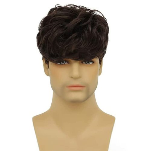Tseses Curly Brown Wigs for Men Short Natural Layered Hair with Bangs Fluffy Men Costume Synthetic Wigs