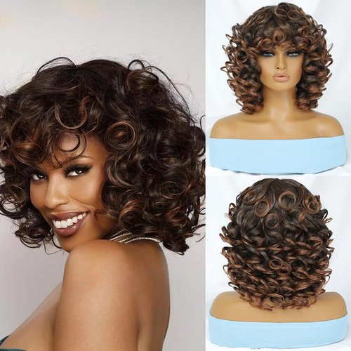Short Loose Curly Afro Wigs with Bangs for Black Women Ombre Brown Color Afro Big Curly Wigs for Women Synthetic Heat Resistant 14 Inch Bouncy Cute Curly Fluffy Wigs for Women (14 Inch, T2-30)