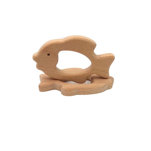 Arakierst 2pcs Organic Wood Goldfish Teether Pure Natural Animal Shape Beech Wooden Handmade Grasping Pattern DIY Pacifier Chain Pendant