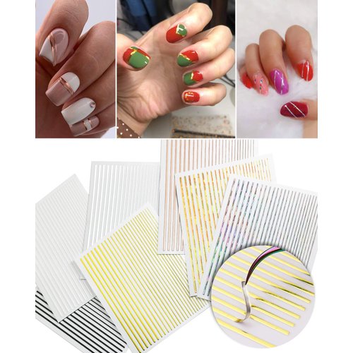 7 Sheets Nail Striping Tape Metallic Lines French Tip Manicure Strip Adhesive Holographic Foil Design Gold Sticker Decals for Nail Art