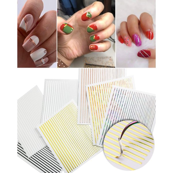 7 Sheets Nail Striping Tape Metallic Lines French Tip Manicure Strip Adhesive Holographic Foil Design Gold Sticker Decals for Nail Art