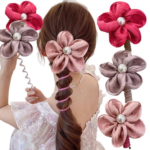 BASEMMAHER Colorful Pearl Flower Braided Telephone Wire Hair Bands Spiral Hair Ties Phone Cord Ponytail Holder Braids Fixed Hair Rope Hair Bands Accessories for Women Girls Daily Party Headdress 3Pcs