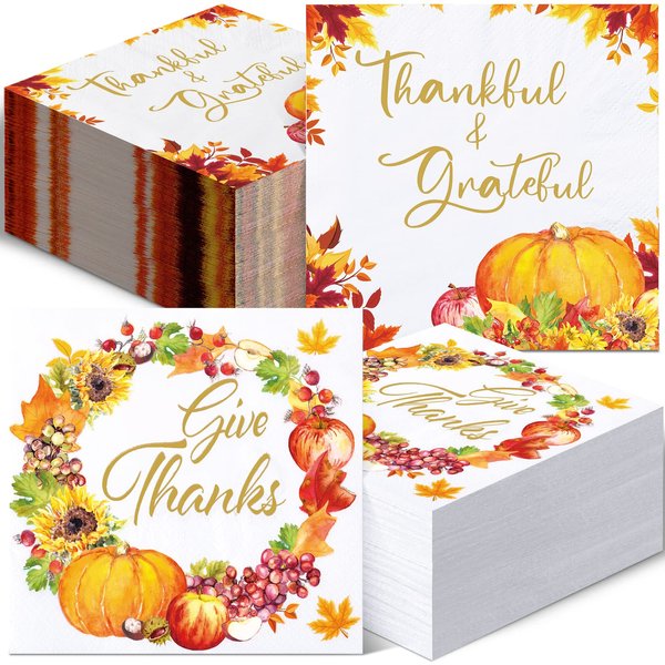 Hotop 200 Count Fall Napkins Thanksgiving Guest Decorative Paper Cocktail Beverage for Dinner Home Kitchen Bathroom (Pumpkin), 9.8 x inches,4.9 4.9 inches