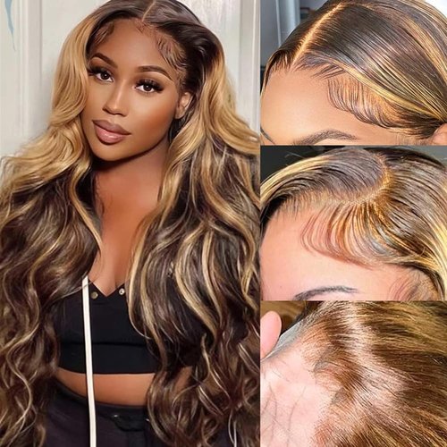 32 Inch Ombre Highlight Lace Front Wigs Human Hair Body Wave 13X4 Ombre Honey Blonde Wig Human Hair Wear and Go Glueless Wigs Human Hair Pre Plucked HD Lace Frontal Wig Colored Wigs For Black Women