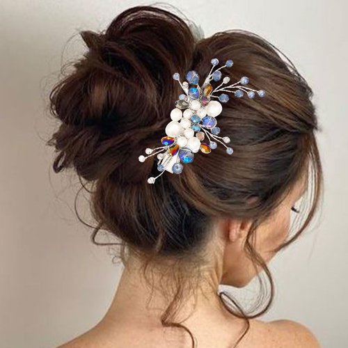 Catery Pearl Bridal Hair Clip Blue Rhinestone Hair Barrettes Wedding Hair Pieces for Brides and W...