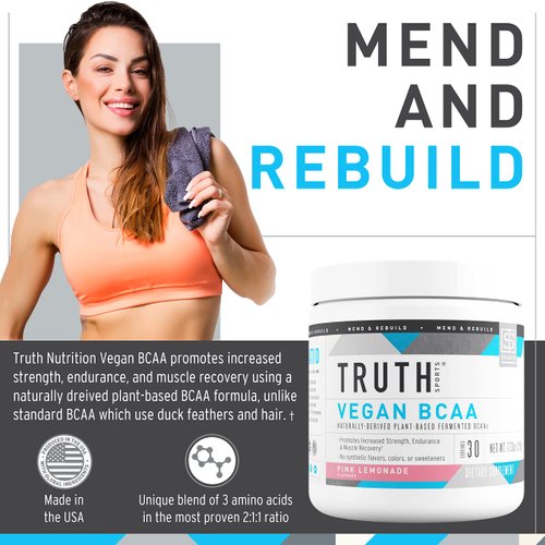 Truth Nutrition Vegan BCAA Powder- 2:1:1 Ratio Natural BCAAs Amino Acids Powder for Energy, Muscle Building, Post Workout Recovery Drink for Muscle Recovery (Pink Lemonade, 30 Servings)