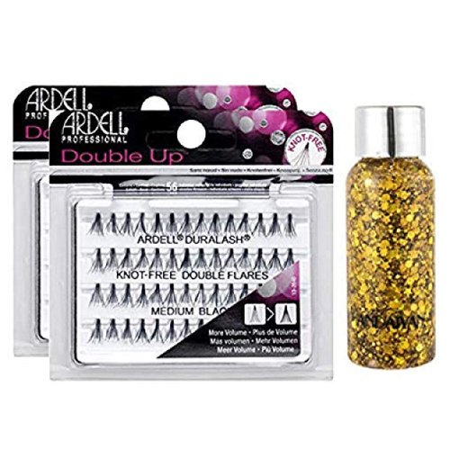 Ardell DOUBLE UP Duralash, KNOT-FREE DOUBLE FLARES, Medium Black, Contains 56 Individual Lashes (2-PACK with bonus Skin/Hair Glitter) (FLARES KNOTFREE - Medium Black)