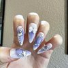 Purple Press on Nails Almond Fake Nails Medium False Nails with Glitter Rhinestones 3D White Bow Purple Blush with Star Swirl Silver Space Metallic Nail Design Silver Chrome Nails Y2K Nails for Women