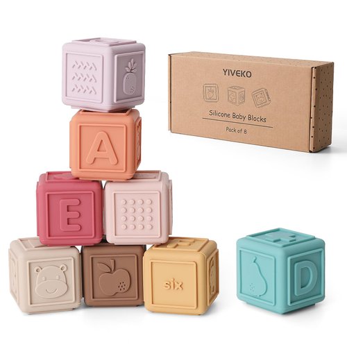YIVEKO Baby Blocks Toys Stacking for Babies Silicone Soft Building Blocks Teethers Toys Montessori Toys for Babies Education Toys for Toddler Baby 8 PCS-Vintage