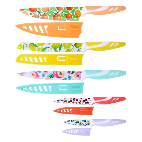 UPTRUST Knife Set, 10-piece Stainless Steel Kitchen Knife Set Nonstick Coated with 5 Blade Guard, Multicolored Fruit Knives, Pioneer Woman Knife Set