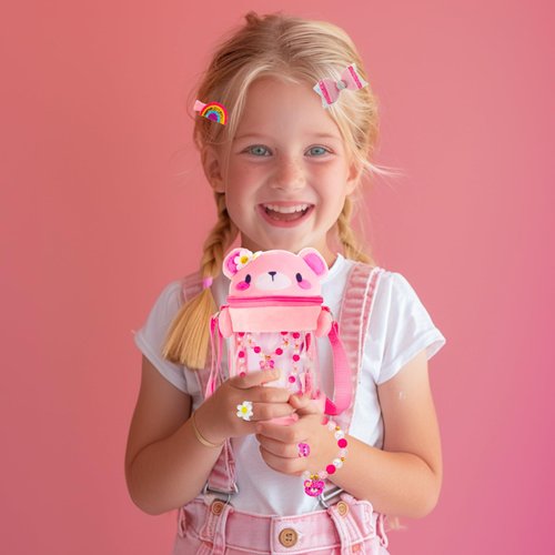 PinkSheep Bear Gifts for kids Bear Ear Toy Jewelry for Little Girls: 11 Pack Teddy Bear Beads Necklace Bracelet Hair Clip Ring Play Purse for Girls,Bear Costume 3-6 Year Old Girl Gifts