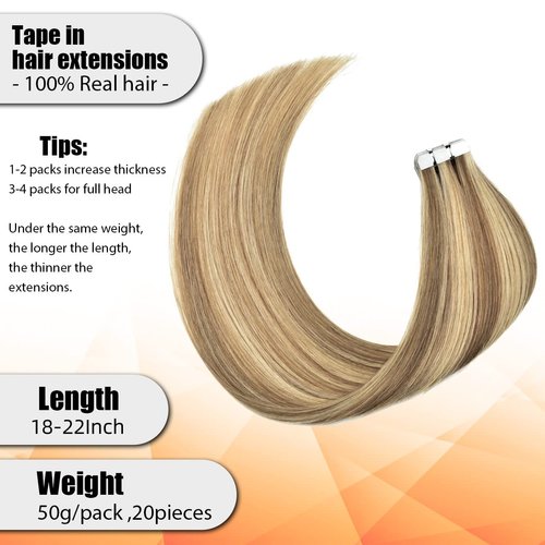 Tape In Hair Extensions Human Hair Camel Brown Mixed with Bleach Blonde #8/613 Real Human Hair 20 Inch Tape In Extensions 20pieces 50g/Pack Invisible Tape Extensions Remy Human Hair
