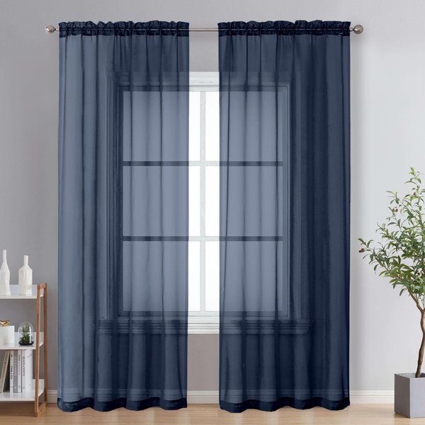 OVZME 2 Panels Sheer Window Curtain Panels 96" Length for Bedroom, Top Rod Pocket Design Window Treatment for Living Room, 42W x 96L inches, Navy Blue