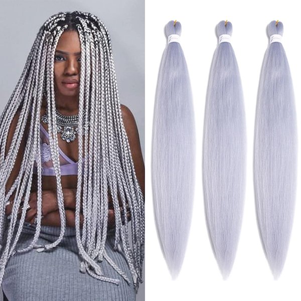 Braiding Hair Pre Stretched 30 Inch Silver Gray Braiding Hair 3 packs Professional Crochet Hair Extensions Yaki Straight High Temperature Synthetic Fiber for Braids（30",A40)