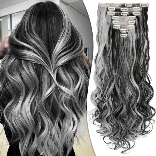 Fanguilar Clip in Hair Extensions 24 Inch 8PCS Natural Black Mix Silver Grey Long Wavy Synthetic Hair Extensions Clip ins Thick Double Weft Hair Clip Extensions for Women