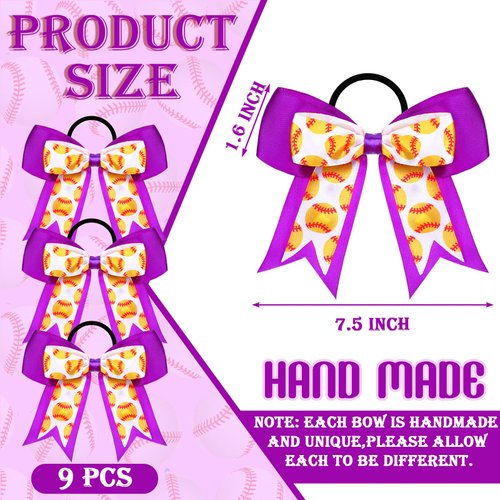 MTLEE 9 Pcs 7.5 Inch Purple Softball Ribbon Hair Bows Cheer Hair Bows Elastic Scrunchies Hair Bands Cheerleader Bows Volleyball Sports Ball Ponytail Holder Sport Hair Accessories for Girl Player