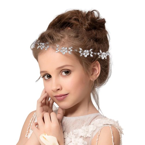 Yuanchu Flower Girl Headpiece, Silver Princess Wedding Headband Crystal Rhinestones Pearl Hair Accessories for Girl Women Birthday Party First Communion Wedding