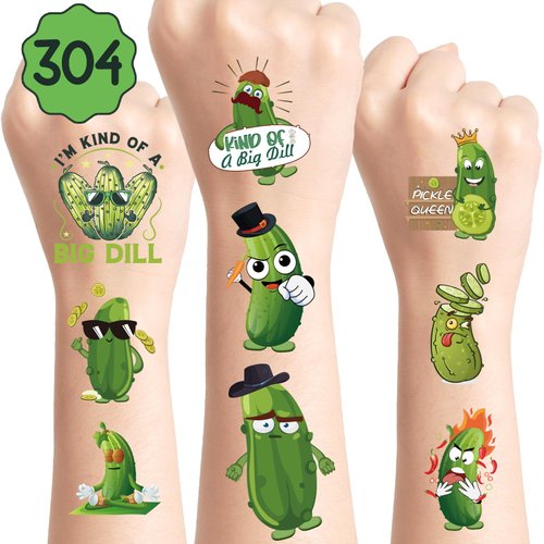 Pickle Temporary Tattoos Party Decorations - 8 Sheets 304 Styles Funny Pickle Tattoo Stickers for Boy Girls Pickle Stuff Lovers Gifts Birthday Favors School Reward