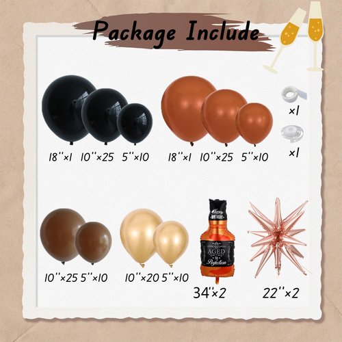 Whiskey Birthday Party Decorations Aged to Perfection Party Supplies, 143Pcs Whiskey Balloon Arch Garland Kit Brown Coffee Black Gold Balloons for Men Women Vintage 30th 40th 50th Birthday Anniversary