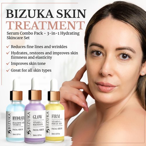 BIZUKA Vitamin C Serum Combo Pack - 3-in-1 Hydrating Skincare Set With Vit C Serum & Magnesium, Vitamin B5 & Hyaluronic Acid, Vitamin E & Ferulic Acid - Natural Formula, No Sulfates or Parabens - 1oz