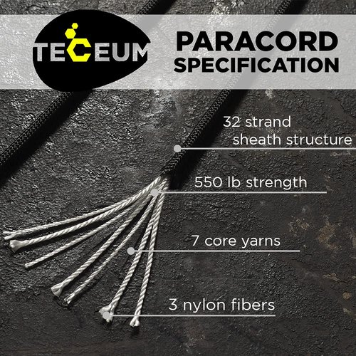 TECEUM Paracord Type III 550 Black –100 ft – 4mm – Tactical Rope MIL-SPEC – Outdoor para Cord –Camping Hiking Fishing Gear and Equipment EDC Parachute Cord Strong Survival Utility Rope 016