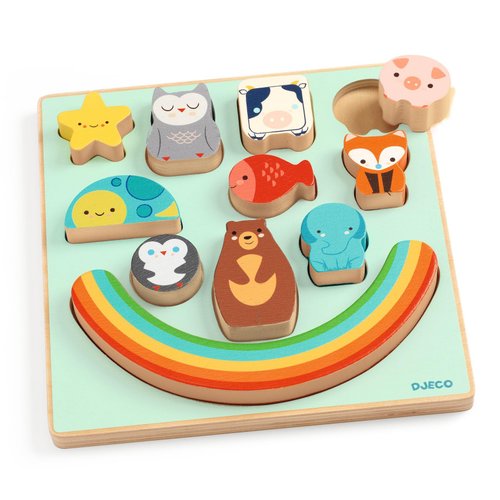 DJECO Puzz & Boom Rainbow Puzzle - Adorable Animal Wooden Puzzle for Toddlers & Preschoolers - Fun & Learning Activity for Family & Friends - Engaging Wooden Toy for Children 18+ Months