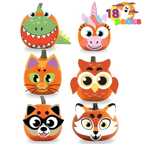 JOYIN 18 Packs Halloween Craft Foam Stickers, Arts Activities Party Supplies, Kids Party Favors, Pumpkin Decorating Kit, Jack O Lantern Face Stickers in 6 Designs, Pumpkin Decor School Party Games