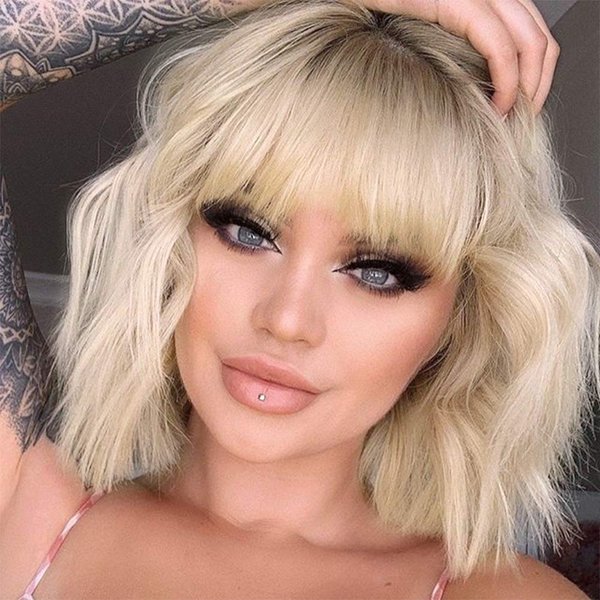 MISSQUEEN Short Ombre Blonde Wigs Wavy Bob Blonde Wig with Bangs Synthetic Curly Pastel Blond Wig for Women Girl Colorful Cosplay Wigs