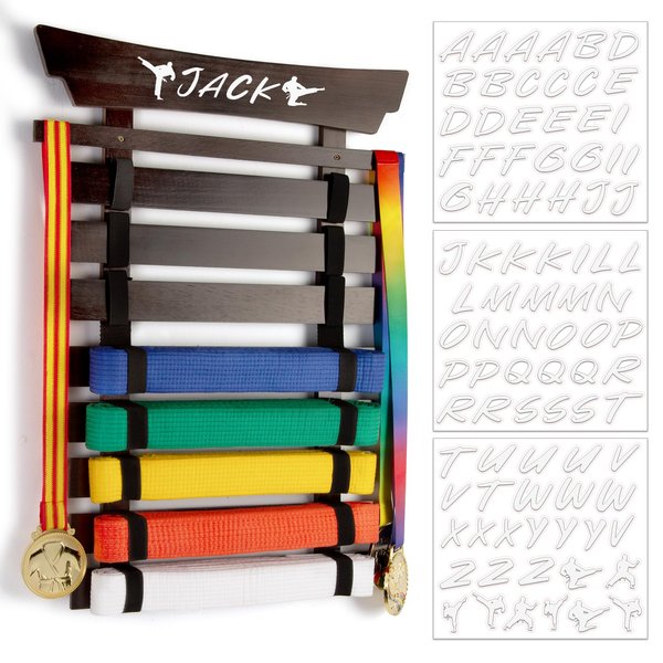 Winartton 8 Belts Karate Belt Display Rack with Stickers, Martial Arts Belt Display Holder, Taekwondo Belt Jiu Jitsu Belt BJJ Belt Display Hanging Holder for Kids and Adults Gifts