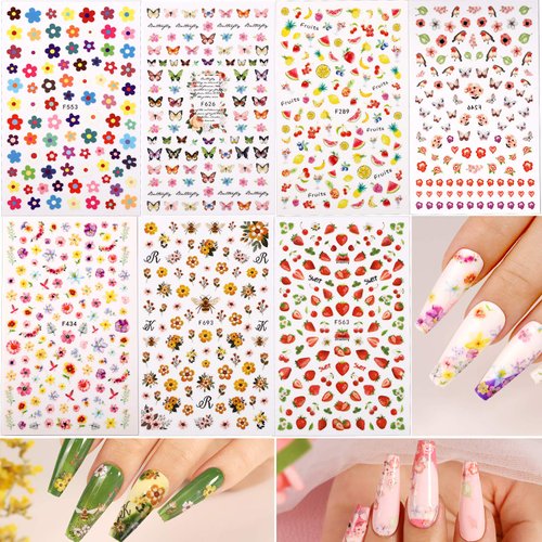 Teenitor 12 Sheets Nail Art Sticker 3D Self-Adhesive, Nail Art Decoration with 5 Boxes Holographic Nail Art Glitter Flakes Butterfly Heart Star Maple Leaf Nail Sequins and Nail Art Flower Slices