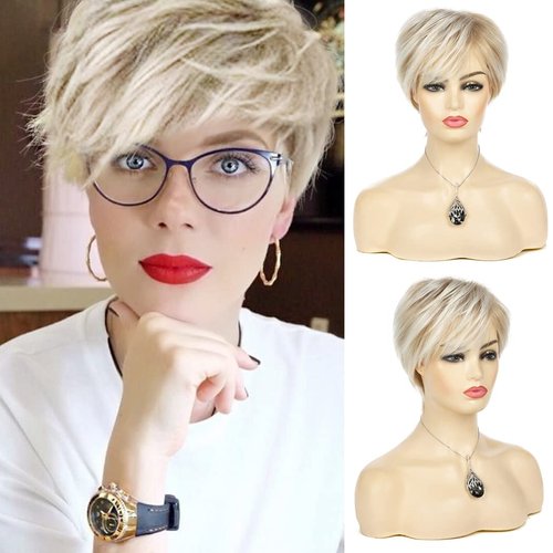Sallcks Short Blonde Wigs for Women Layered Synthetic Heat Resistant Pixie Wig for Party Cosplay Use