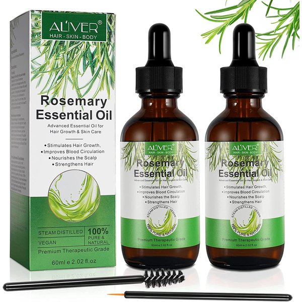 Rosemary Essential Oil(2pcs) for Hair Growth & Skin Care, Face, Dry Scalp Treatment, Serum for Hair Loss Treatment, Scalp Massager, Aromatherapy