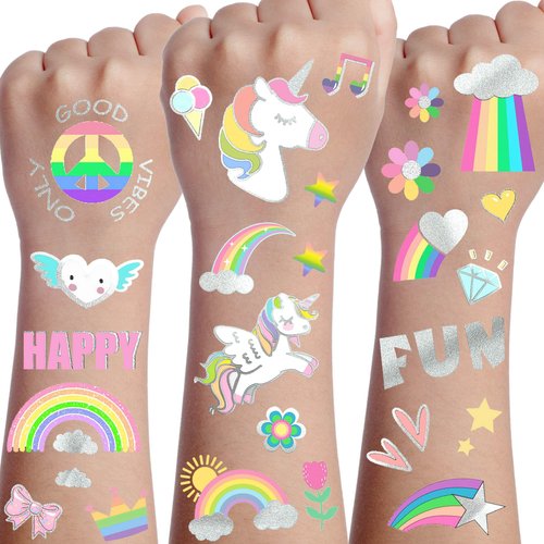 Rainbow Unicorn Temporary Tattoos For Kids Girls Boys, 126+ PCS Glitter Silver Metallic Flower Fake Pride Tattoo Stickers, Groovy Cartoon Face Tattoos LGBT Gay Birthday Party Supplies Stocking Fillers