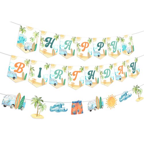 Summer Surfing Birthday Party Decorations Vintage Surfing Happy Birthday Banner Bunting Surfboard Banner for Summer Hawaiian Beach Birthday Decoration Swimming Pool Hawaii Party Supplies